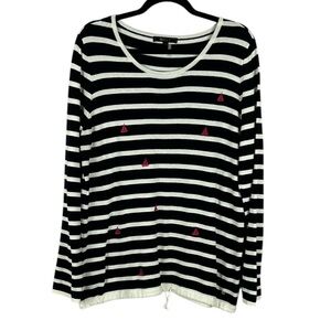 Orly Nautical Cotton Stripe Embroidered Sailboat Tie Waist Long Sleeve Top Large
